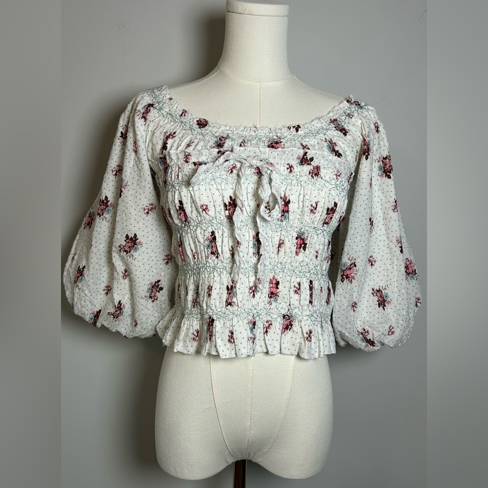 Anthropologie Floral smocked Peasant top Boho cottagecore puff sleeve blouse NWT